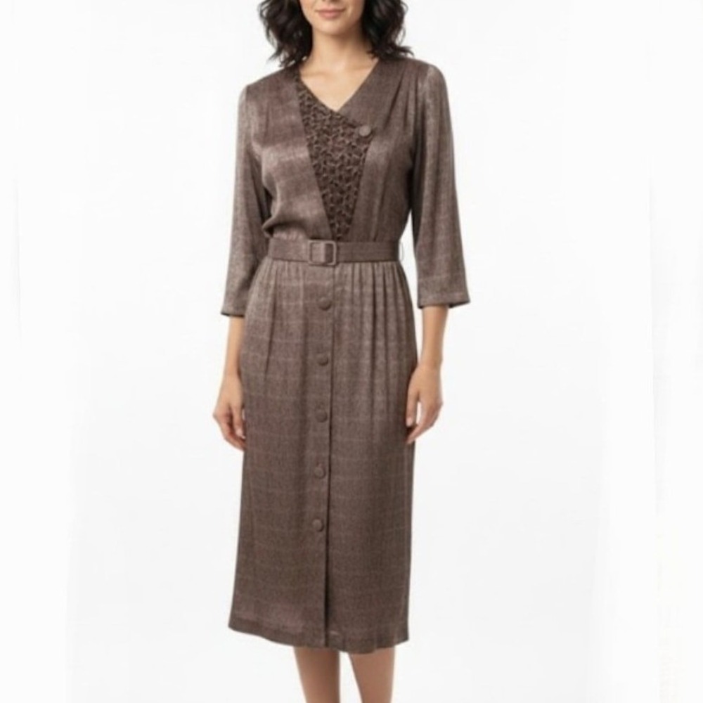 Joseph Ribkoff Midi Dress Womens 9 Brown Belted V-Neck Faux Wrap Vintage Elegant